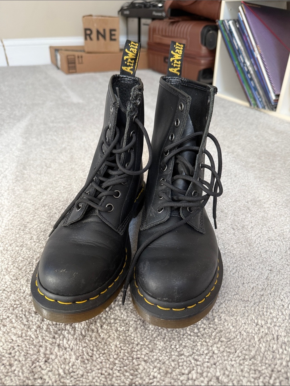 Dr. Martens Black Leather 8-Eye Lace-Up Boots with Yellow Stitching